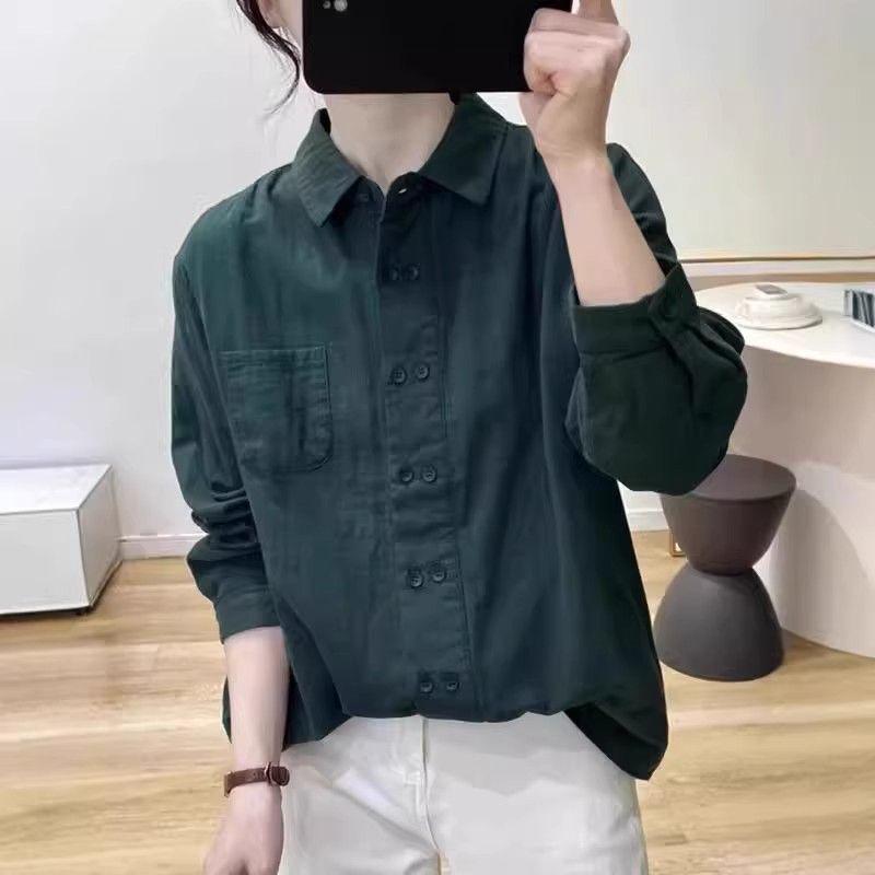 Women's Retro Double-Breasted Cotton Linen Long-Sleeve Polo Shirt