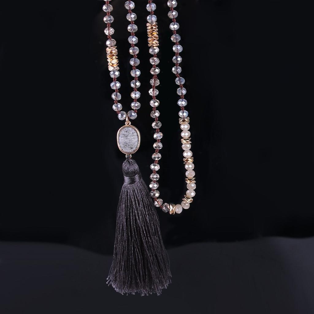 Kelitch 6MM Crystal AB Bead Long Necklace with Colored Tassel and Agate Pendant for Women's Strand Bracelet - Summer (Dark Gray)