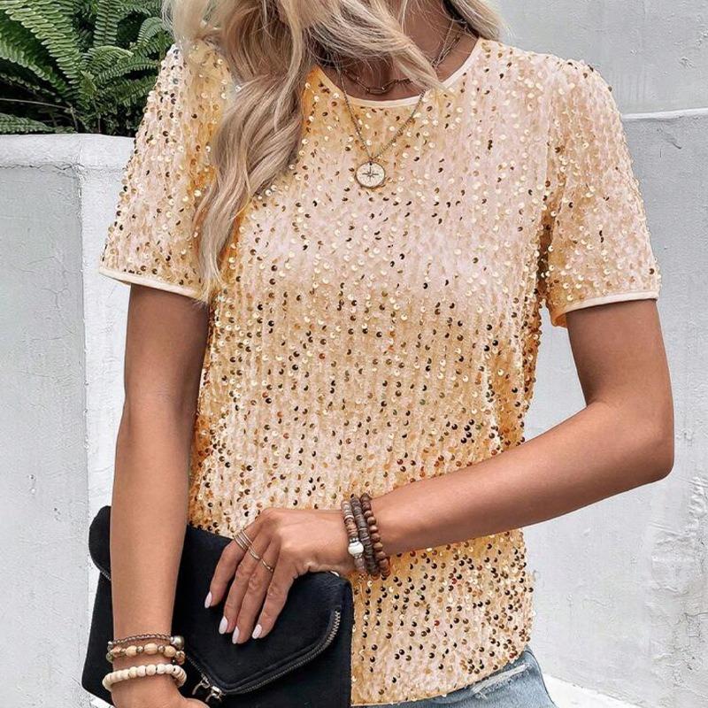 Sequined Crew Neck Summer Women Blouse Commuter Loose Short Sleeved Top Women's Casual Elegant T-shirt Fashion Simple Streetwear Sweet Simple Shirts