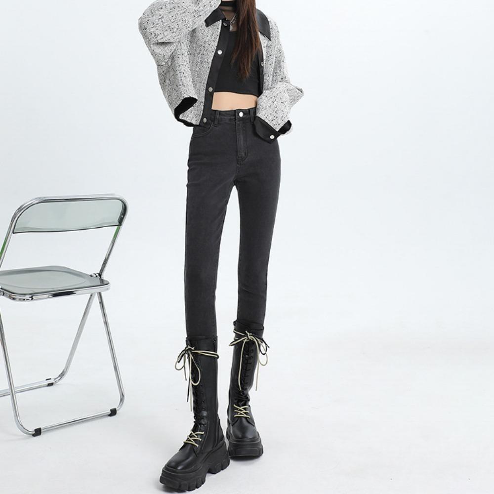 

Персонализированные джинсы с высокой посадкой, эластичные, зауженные к низу, для женщин, новая коллекция 2025, бархатные, облегающие и тонкие брюки-карандаш 32