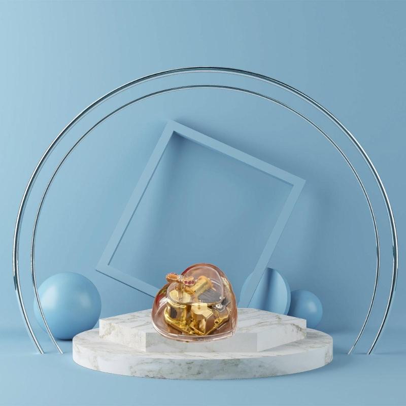 Hand Windup Metal Movement Octave Box Music Box with Transparent Acrylic Heart Shape For Friend Couple Birthday Gift