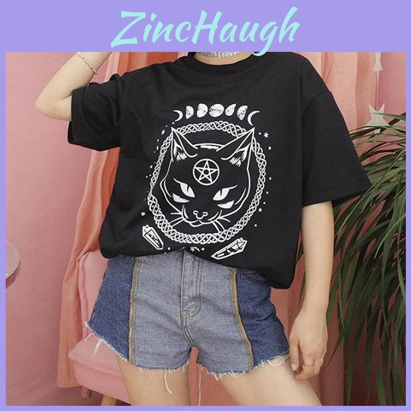 Damen Mädchen Lustiges Kurzarm Mond Katze Print Punk Gothic Lässiges Oberteil Bluse