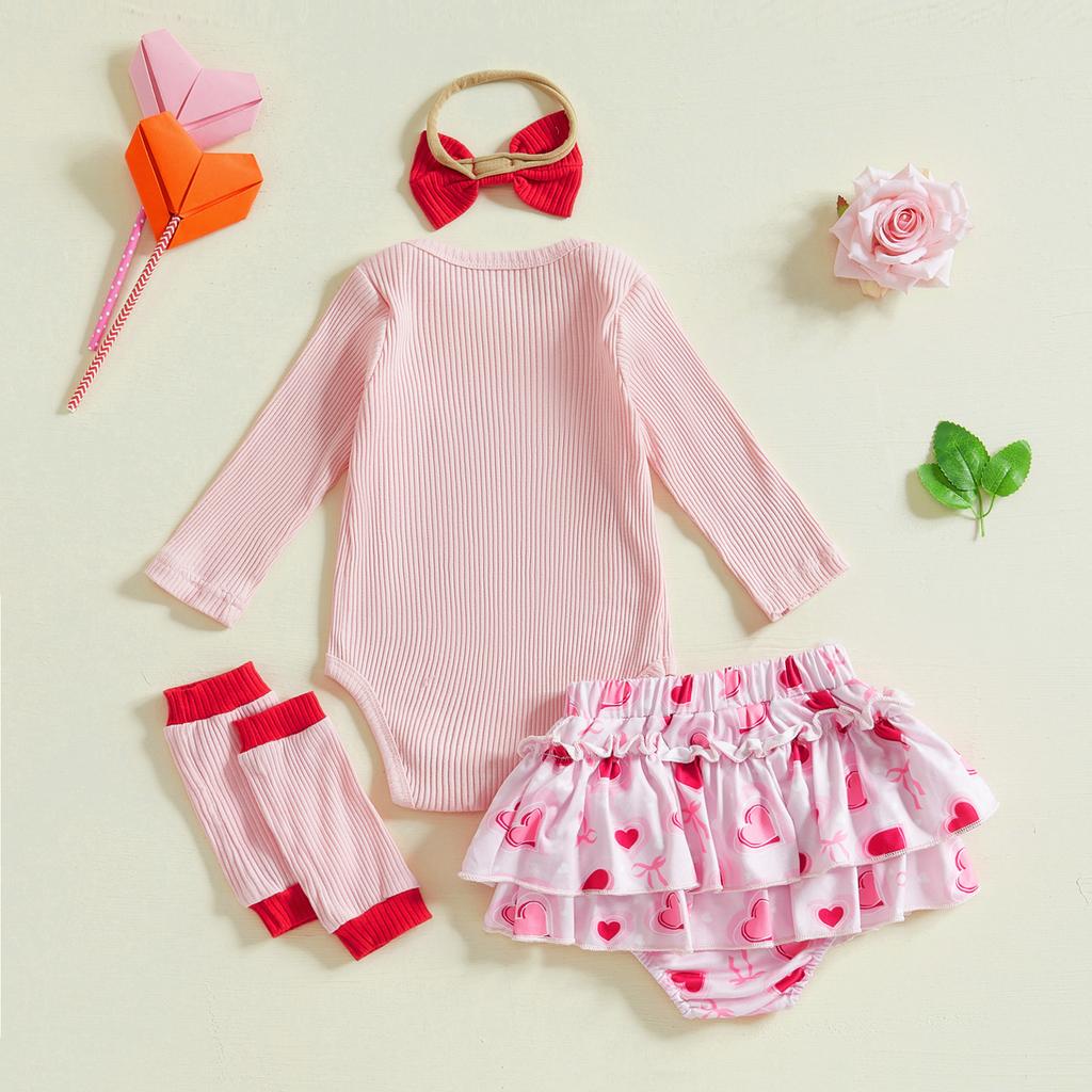 Baby Mädchen Valentinstags-Outfit Buchstabenstickerei Langarm-Strampler mit Herz-Print-Rock und Schleifen-Stirnband Stulpen