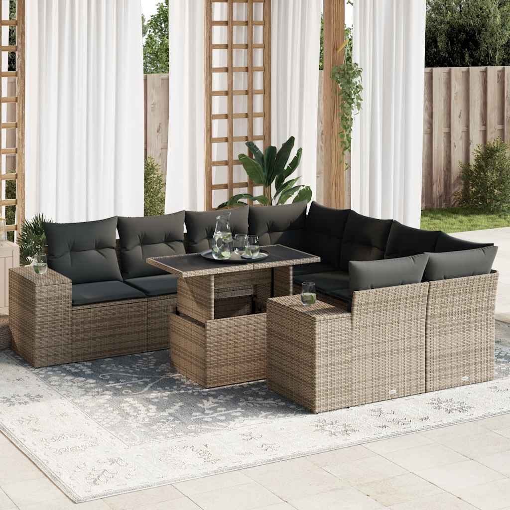 Vidaxl 9-Cz. Garden Furniture Set With Cushions, Grey, Poly Rattan