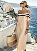 European and American one-word collar short-sleeved straight casual light linen holiday style striped long dress