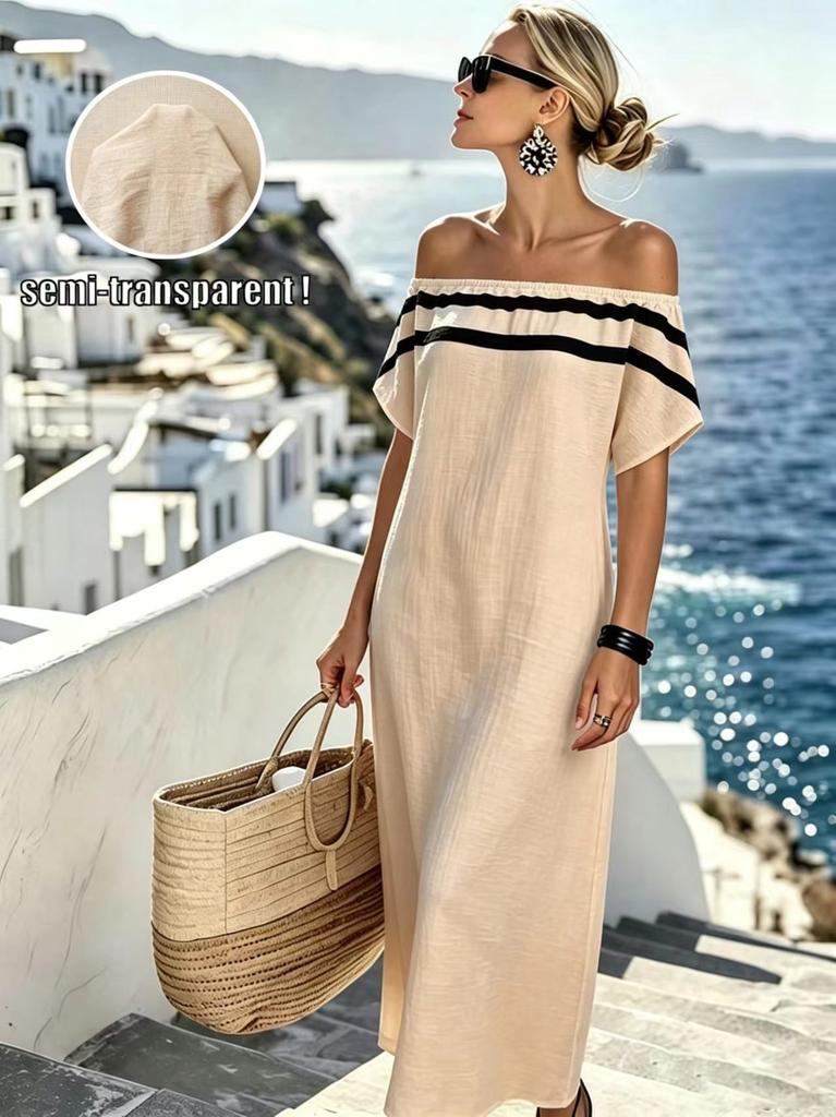 European and American one-word collar short-sleeved straight casual light linen holiday style striped long dress