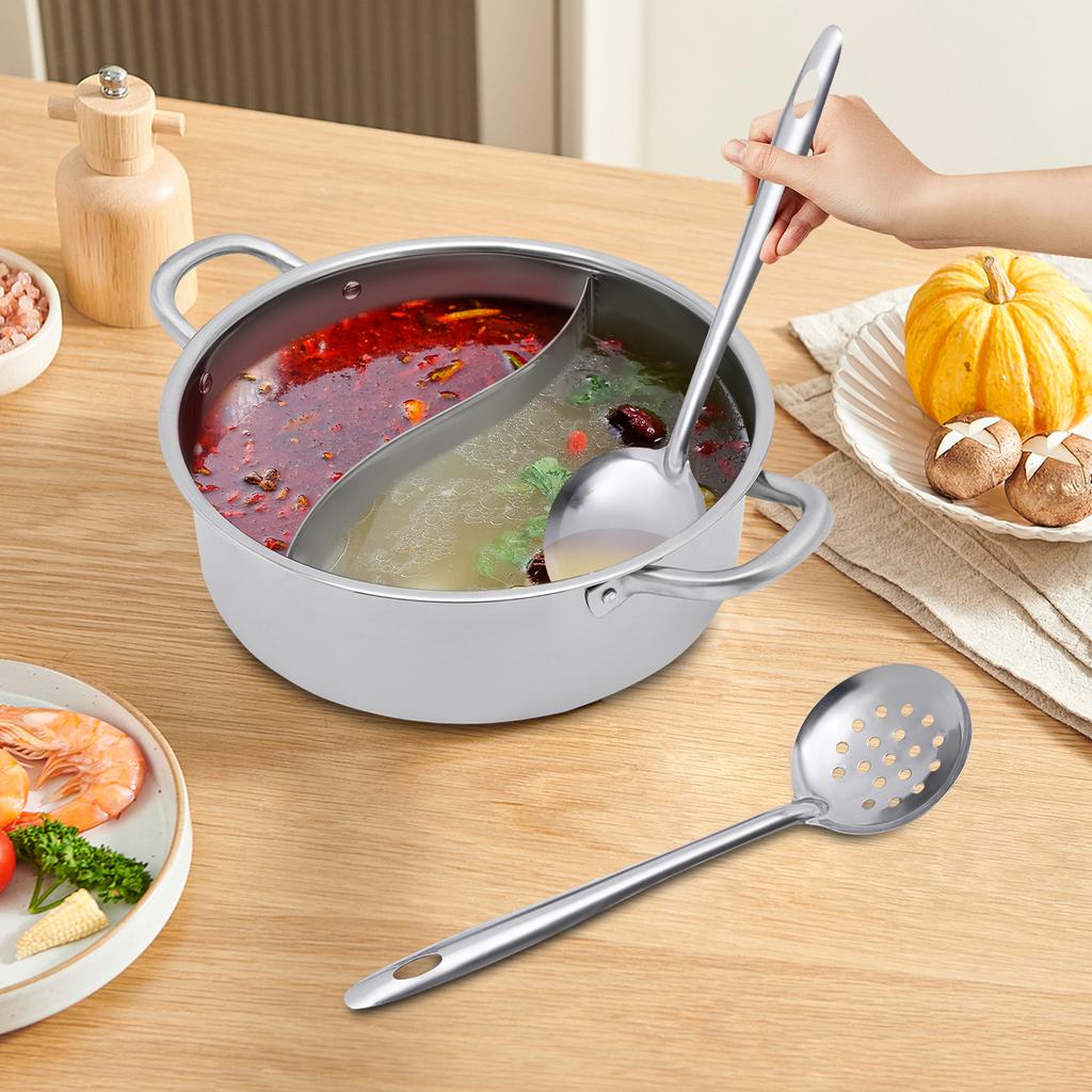 304 Stainless Steel Hotpot Pot 28cm Dual Chamber Pot with Ladle and Strainer Right Angle Design for Family Kitchen Cooking