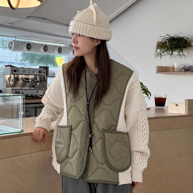 Winter Women Sweaters Patchwork Wadded Buttons Coat Knitting Jacket Fake Two-Piece Loose Sweater