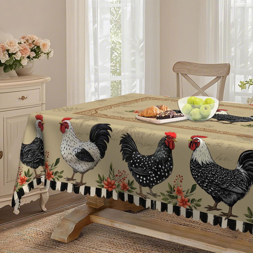 Vintage Pastoral Round Table Tablecloth, Rooster Pattern Flower European Country Household Table Cloth, Fabric Tablecloth