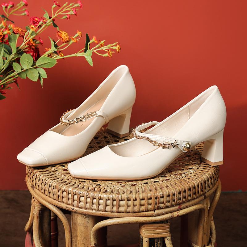 98375-2 sheepskin French thick heel Mary Jane shoes spring and autumn high heels with skirt square head one-word buckle strap single shoes