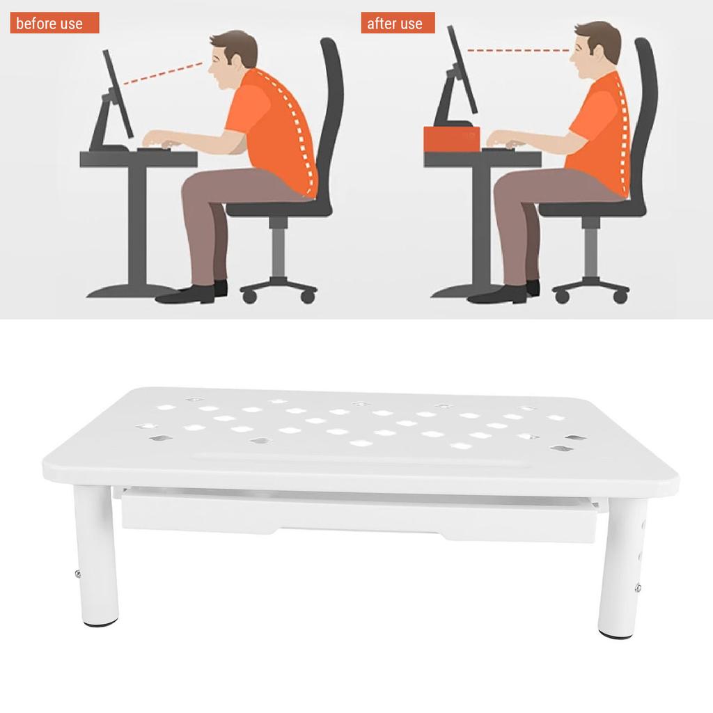 Desktop Computer Riser Stand with Drawer Vented 3 Height Metal Printer Laptop Stand Computer Storage Shelf 20KG Bearing