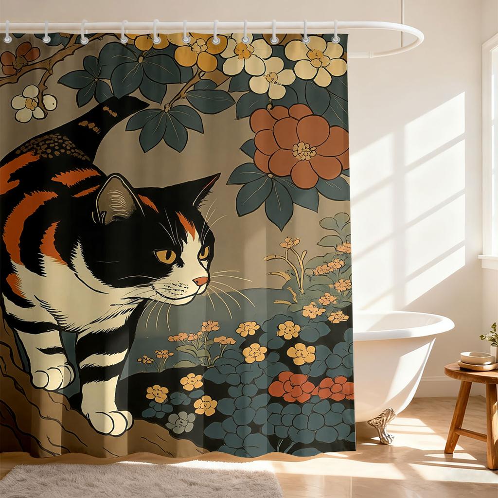 1PC Vintage Ukiyo-e Calico Cat Floral Waterproof Shower Curtain, Privacy Partition Hanging Curtain for Bathroom