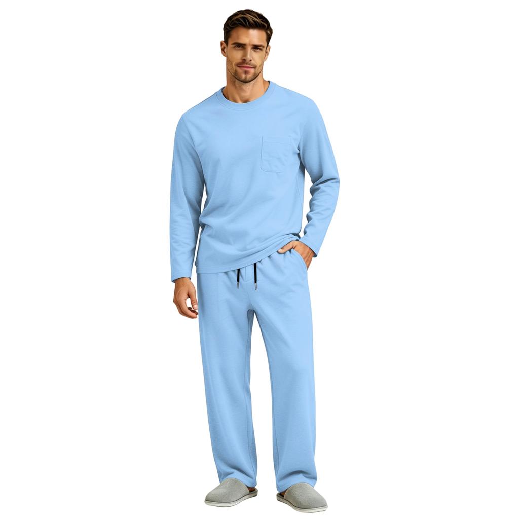 Men's Long Sleeve Pajama Set with Button Fly and Elastic Drawstring Waist for Sleep and