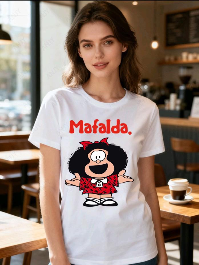 Classic Mafalda Cartoon Printed Short Sleeved Pure Cotton Soft Tshirt Suitable For Unisex And Unisex