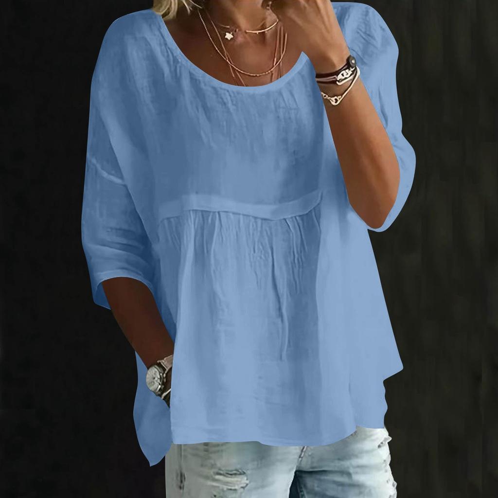 Womens Fashionable Solid Color Round Neck Three-quarter Sleeve Loose Round Neck Top