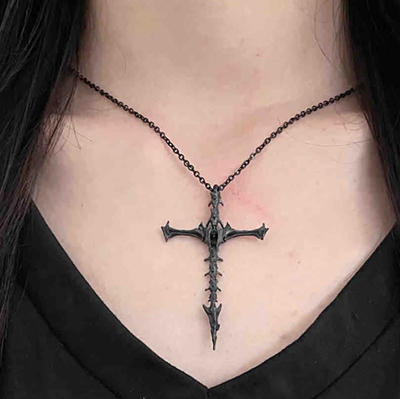 Unique Gothic Black Cross Skeleton Pendant Necklace Stylish Alloy Jewelry For Trendy Men And Women
