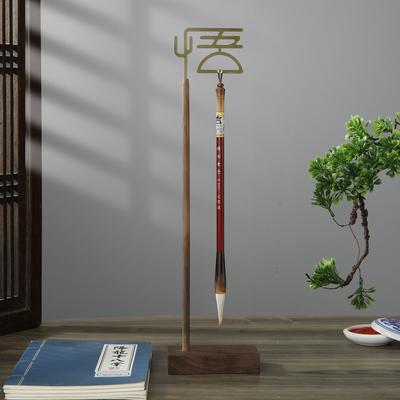 Chinese Wu Brush Pen Holder with Wooden Base Calligraphy Rest Ink Hanger Metal Writing Brush Holder School Stationery