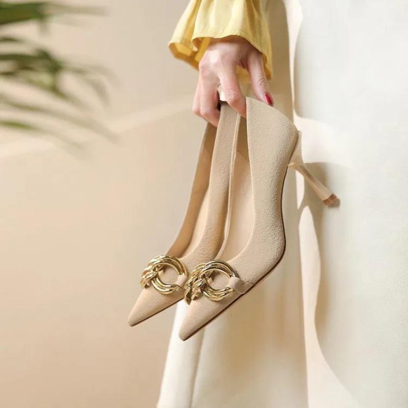 2025 Spring and Summer New Women's European and American Style Metal Chain Pointed Shallow Cut Thin High Heel Single Shoes