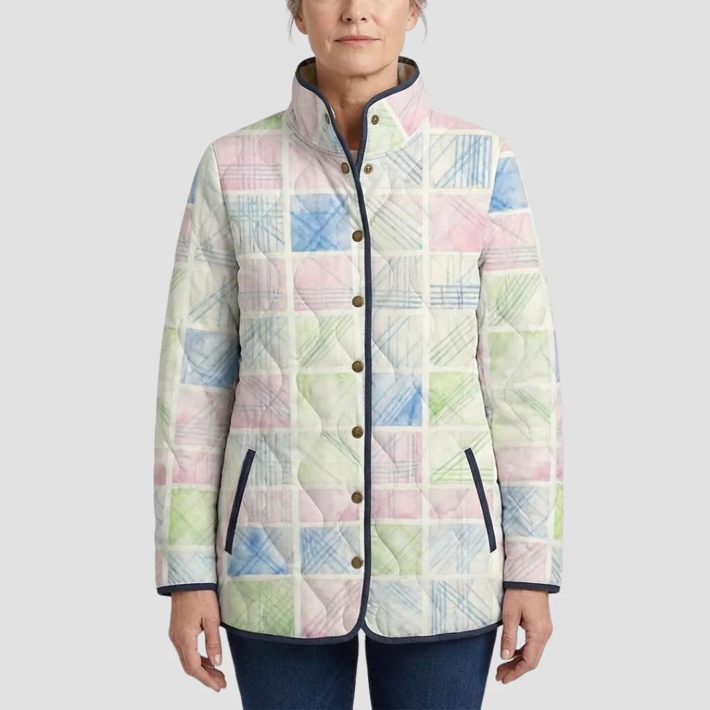 Women's Tropical Leaf Print Quilted Jacket Stand Collar Button Down Contrast Trim Casual Coat