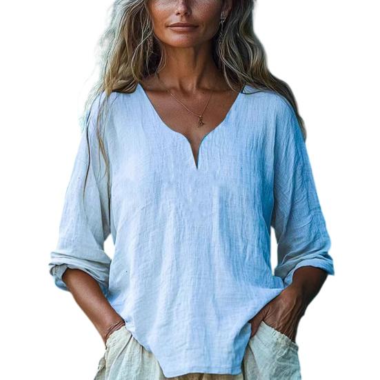 

Women Tops Soft Fabric Breathable Loose Fit Blouse Three-Quarter Sleeve V-Neck Casual Spring Summer S небесно-голубой