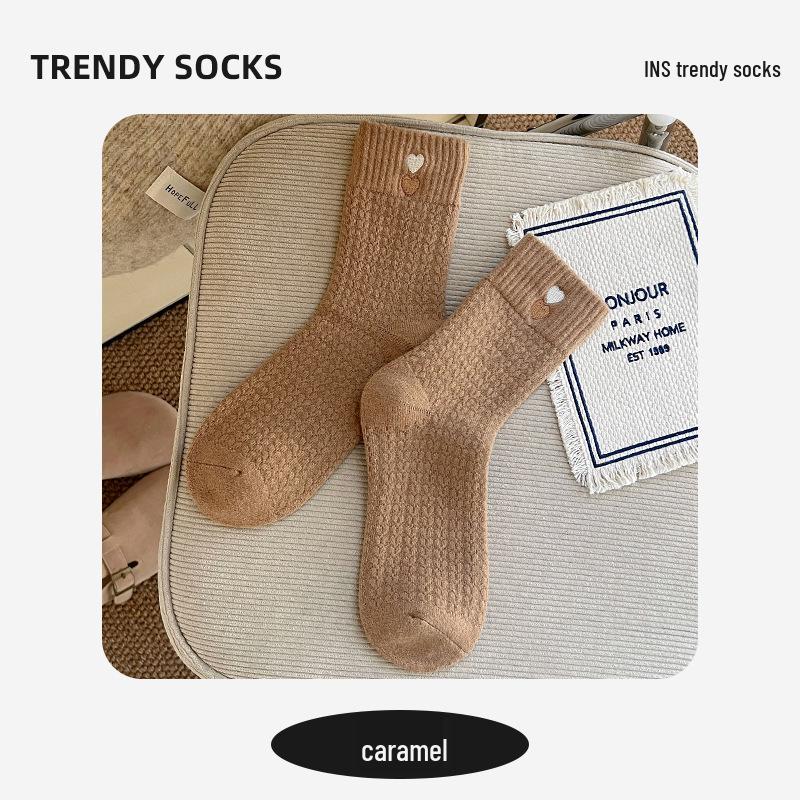 Women's Terry Mid-Calf Socks: Velvet-Lined, Thick, Warm, Postpartum, Embroidered Heart, for Autumn and Winter