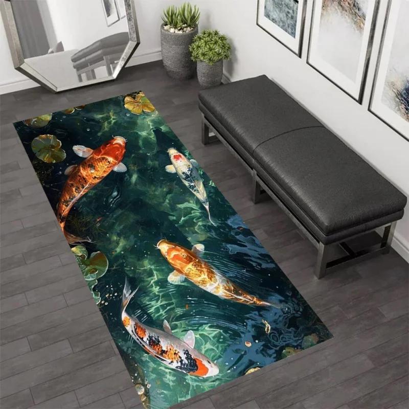 Vibrant Koi Fish Pond Runner Area Rug Carpet, Non Slip Floor Mat, Colorful Lotus Water Print Washable Kitchen Rug Long Runner