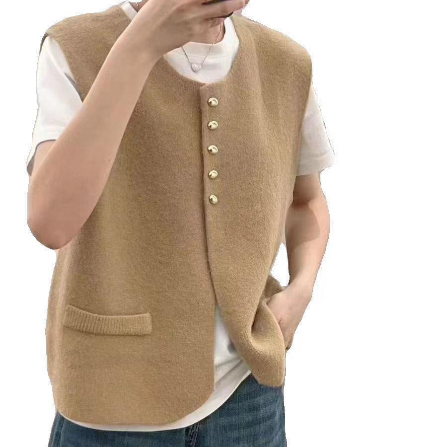 

Весна Осень Нишевый Премиальный Вязаный Жилет Женский Французский Элегантный Универсальный Модный Золотистая Пуговица Круглый Вырез Жилет Однотонный One size верблюд