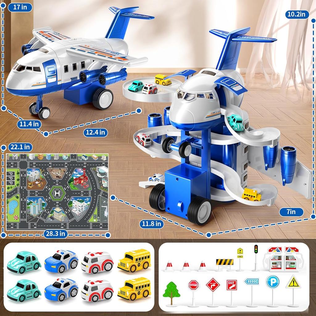 Kids Airplane Toy Racing Tracks Toy for Kids 3 4 5 6 7 Boys - Toy Airplane Small with 8 Car Toy, Garage Parking Lot, Car Carpet for Kids Playmat,