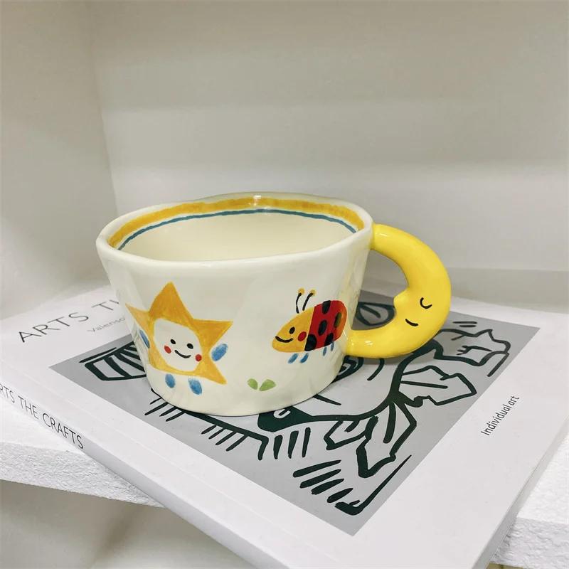 300ml Cute Cartoon Ladybug Dog Pattern Coffee Cup Creative moon handle Ceramic Mug Breakfast Milk Cups For Kids Birthday Gift