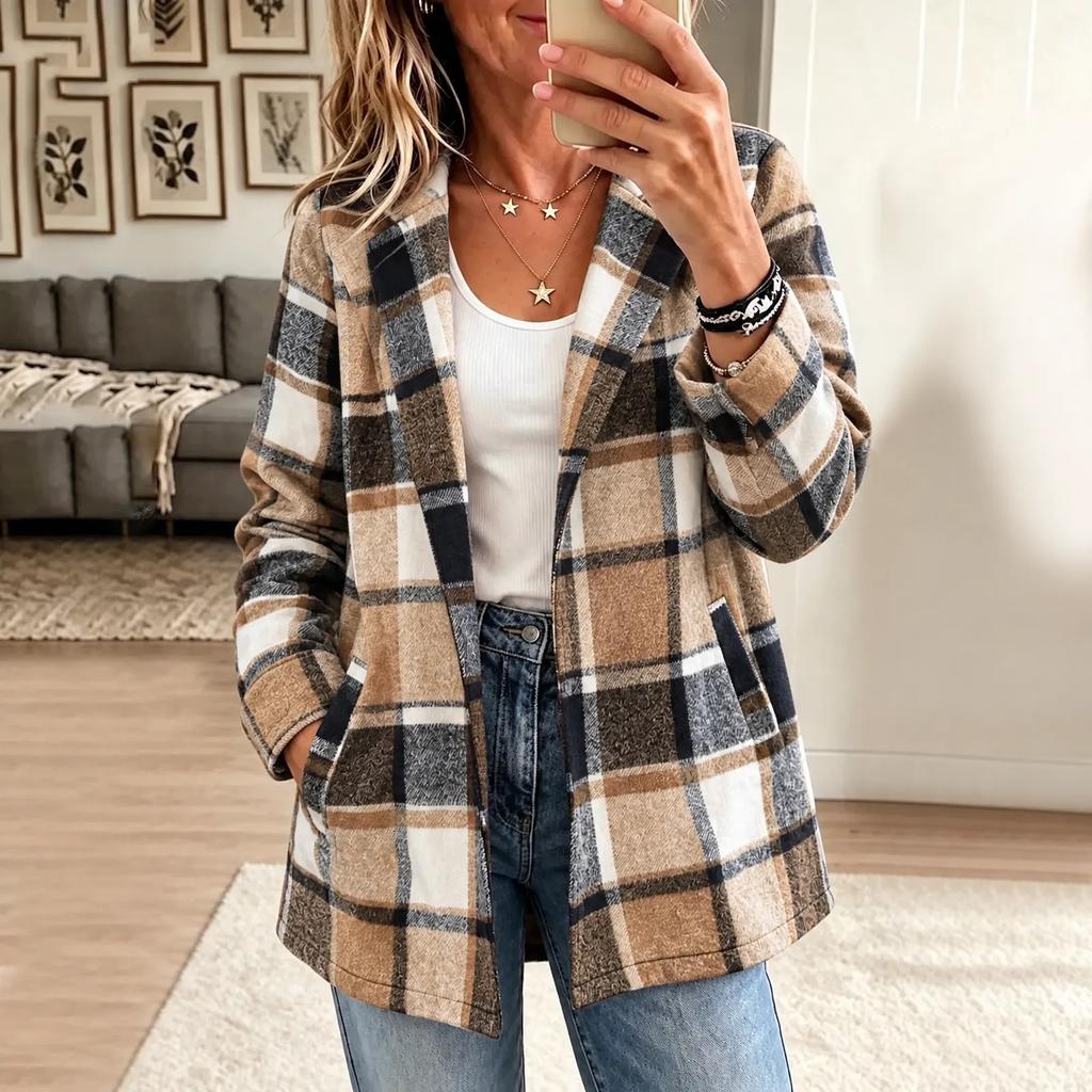 Damen Freizeit Karo Strickjacke Jacke mit Taschen, Langarm Umlegekragen Oberbekleidung