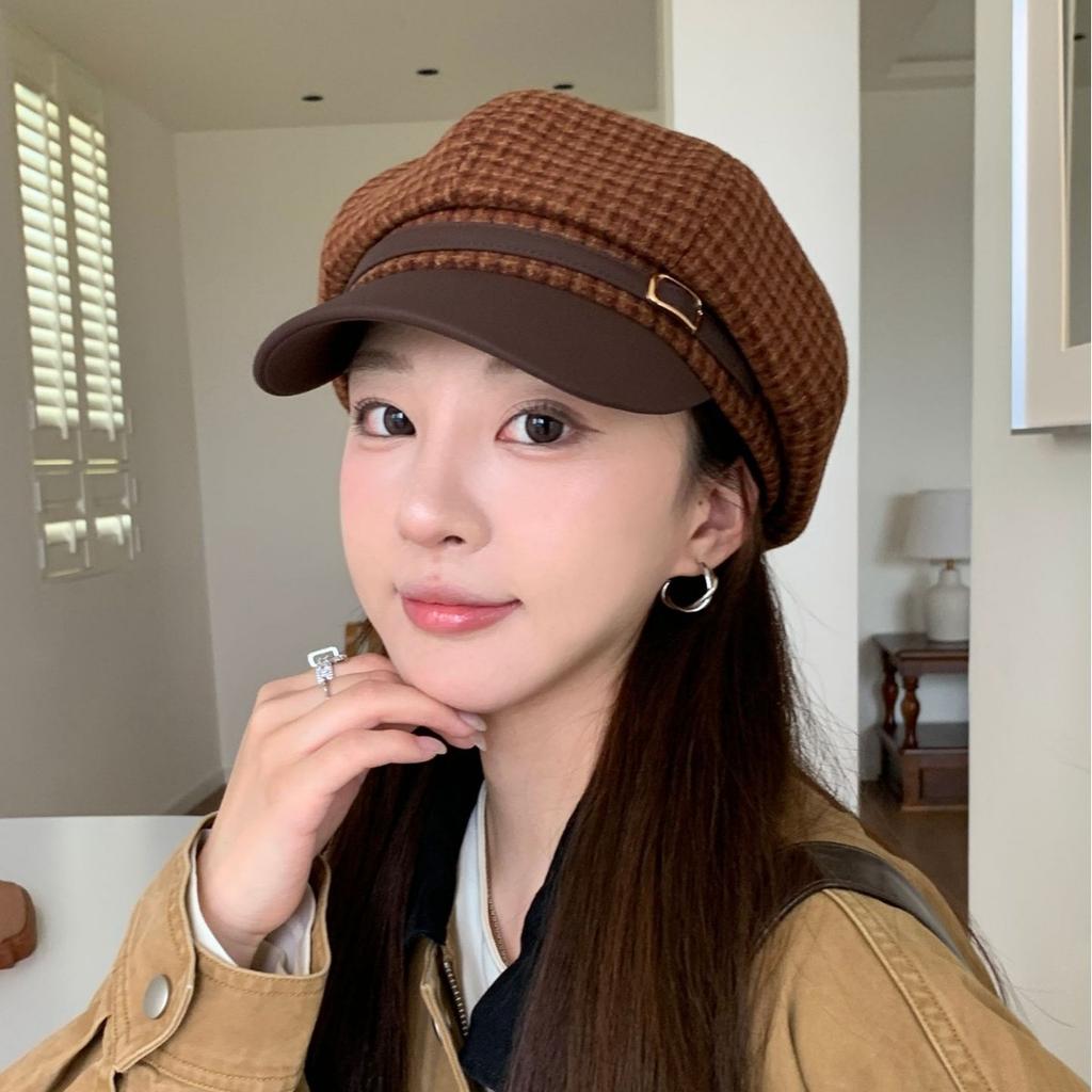 New retro plaid leather along octagonal hat children's autumn and winter trend metal buckle versatile fashionable face small painter hat