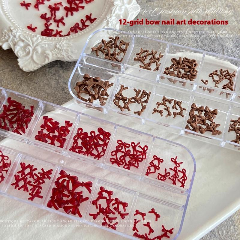 12 Grids/Box Bow Nail Art Decorations 3D Red Brown Bowknot Resin Charms Jewelry Diy Manicure Decoration Supplies Accessories