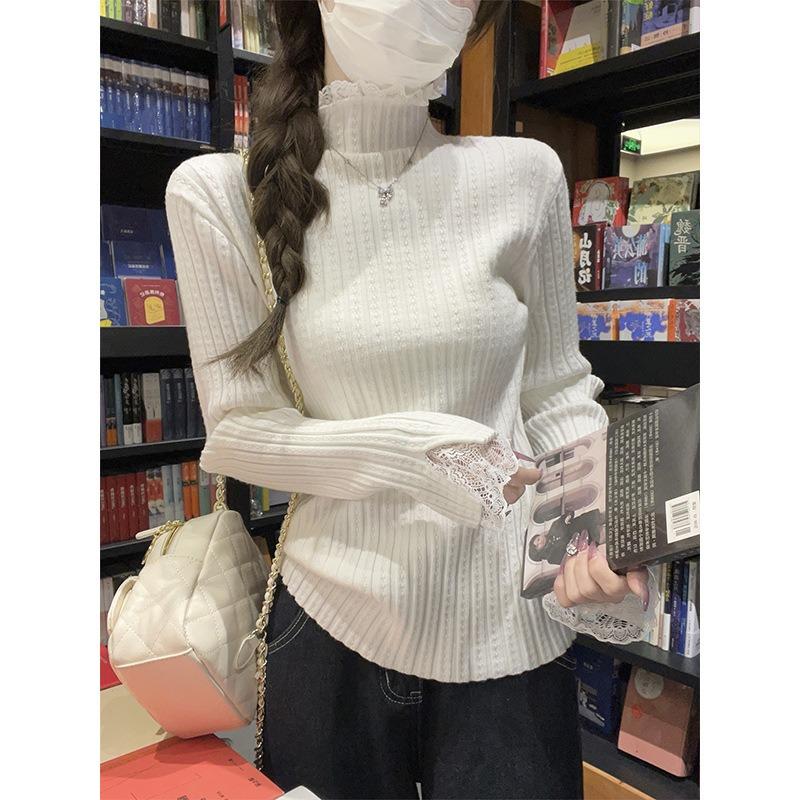 Premium semi-turtleneck lace knitted sweater inside, autumn and winter slim-fitting and thin top, bottom sweater women
