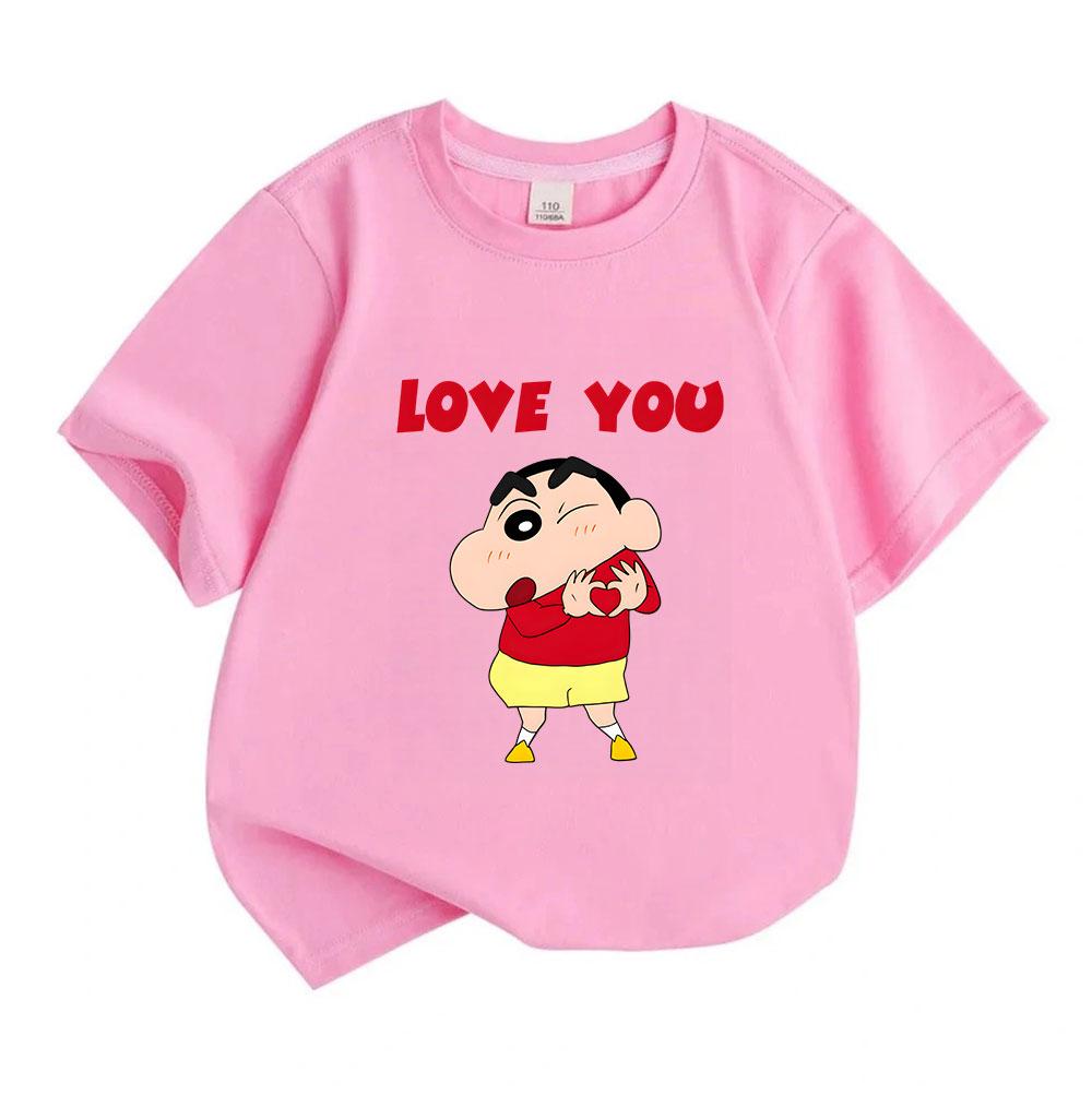 Kids Boys Girls Crew Neck Short Sleeve 100% Cotton T-Shirt, Cute Cartoon Character Print LOVE YOU Heart Pattern Casual Breathable Summer Tee for Child