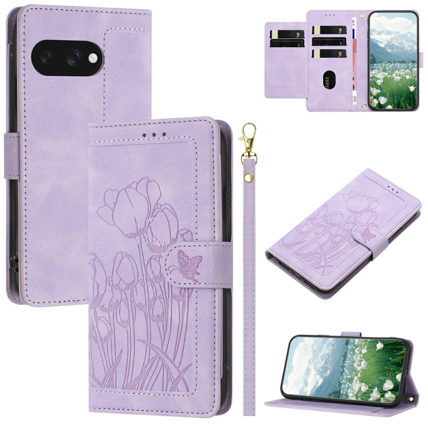 

For Google Pixel 9a Case Tulip Leather Phone Cover with 5 Card Slots Wallet C