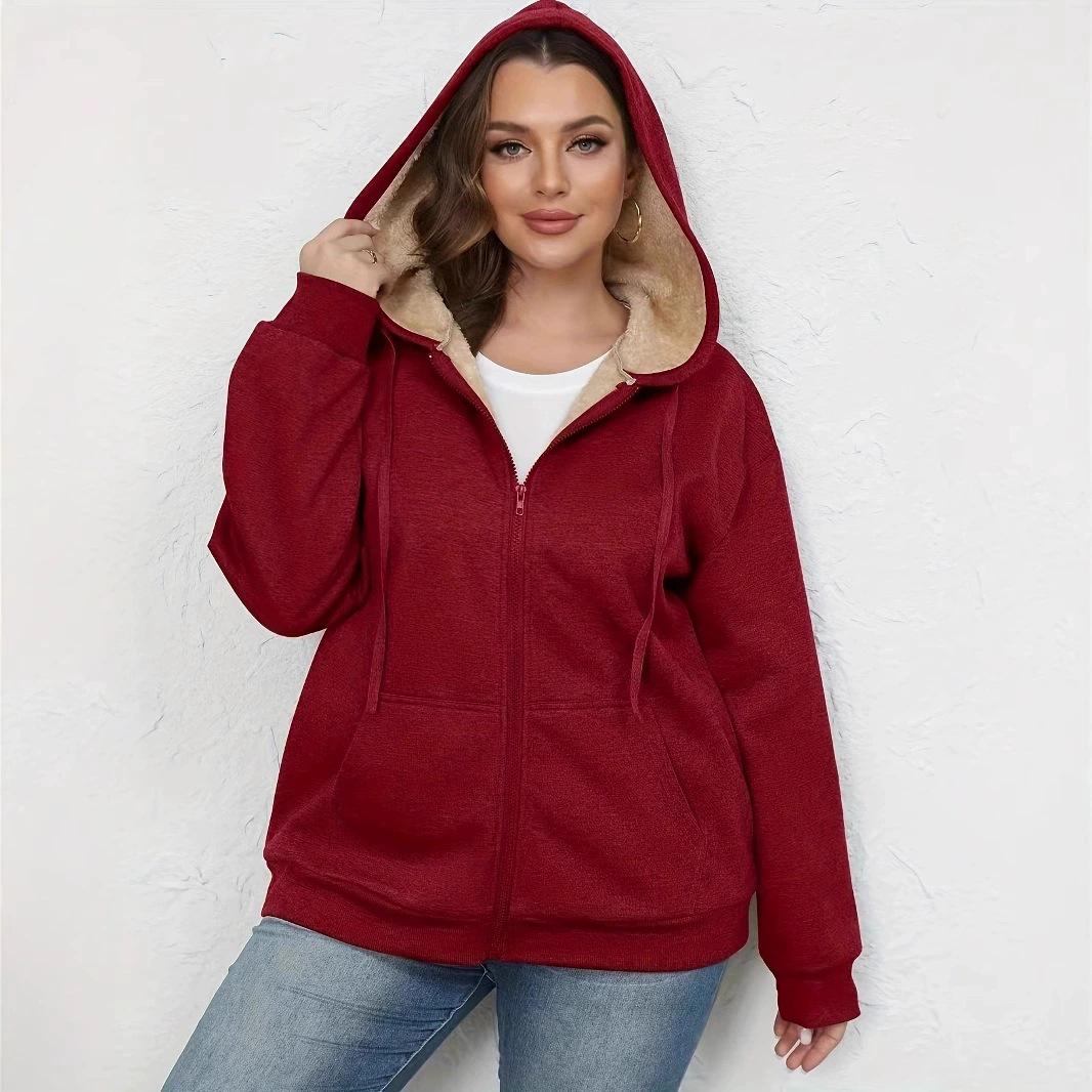 

2025 Women s Lined Hooded Jacket - European/American Winter Zipper Sweatshirt Medium вина червоного кольору