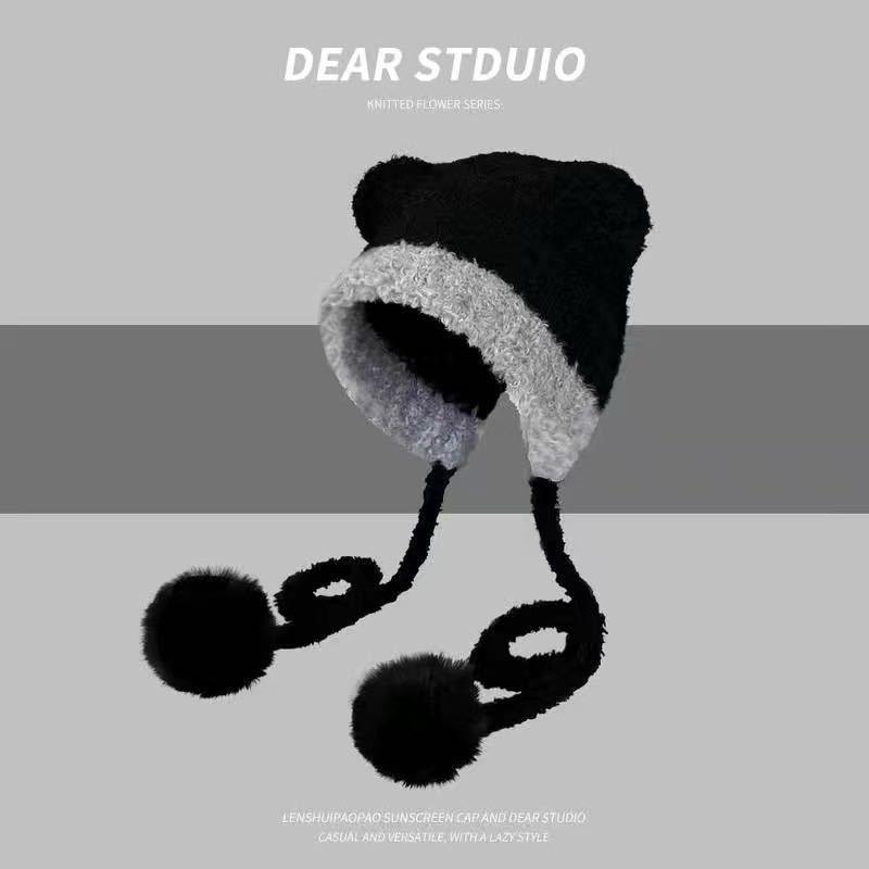 Cute color matching teddy velvet bear ears straps women's winter warm ear protectors knitted wool hat