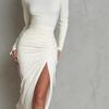 2026 European Women's Spring Pleated High Neck Long Sleeve Maxi Dress - Elegant & Slimming Solid Color Design