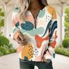 Women Plus Size Abstract Printed V Neck Front Zip Long Sleeve Sweatshirt