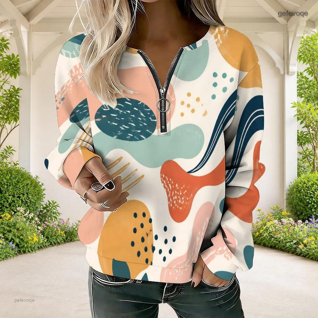 Women Plus Size Abstract Printed V Neck Front Zip Long Sleeve Sweatshirt