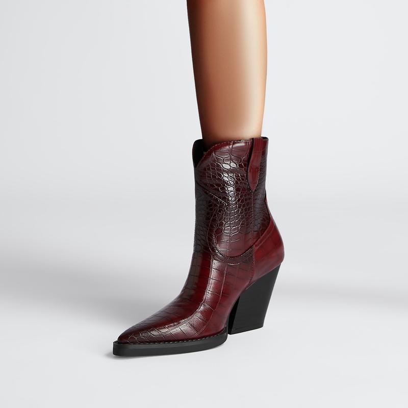 Fashion Kaky's New Pointed Stone Pattern Thick High Heels Large Women's Boots Western Boots Short Boots