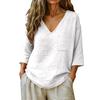 Women's Fashionable Loose-Fit Cotton-Linen V-Neck Casual Pullover With 3/4 Sleeves