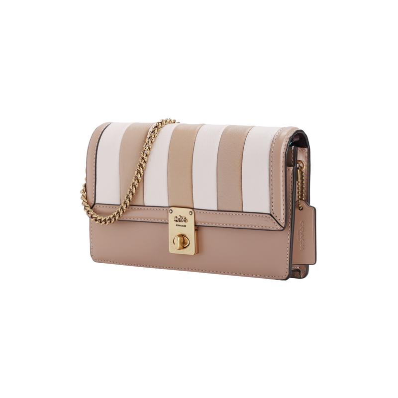 Coach Hutton Quilted Stripe Color Block Cowhide Leather Chain Bag Clutch Women's Milk Tea Color