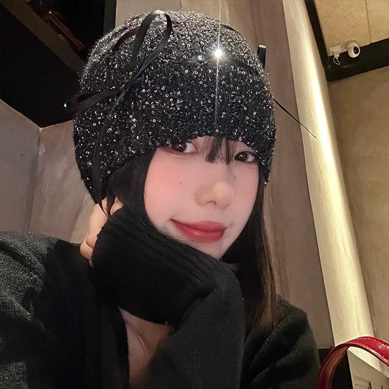 Korean New Hat for Women with Autumn and Winter Bows Bag Head Hat Big Head Circumference  Small Cold Hat Versatile Sequins Pile Hat