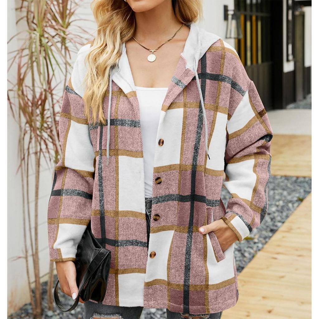 Ladies Casual Fashion Jacket Hooded Plaid Colorblock Wool Shirt Jacket