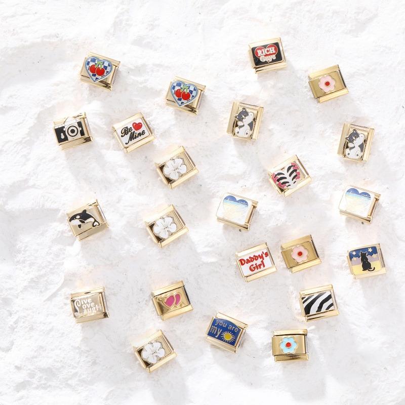 Cute Cats Heart Planet Whale Flowers Gold Color Italian Charm Links Fit 9mm Stainless Steel Bracelet Women Jewelry DIY Making