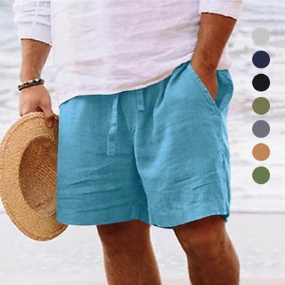 Sommer Neue einfarbige Shorts aus Baumwolle und Hanf für Herren, elastische Taille, Shorts mit weitem Bein, schlanke, lässige Hose mit geradem Bein