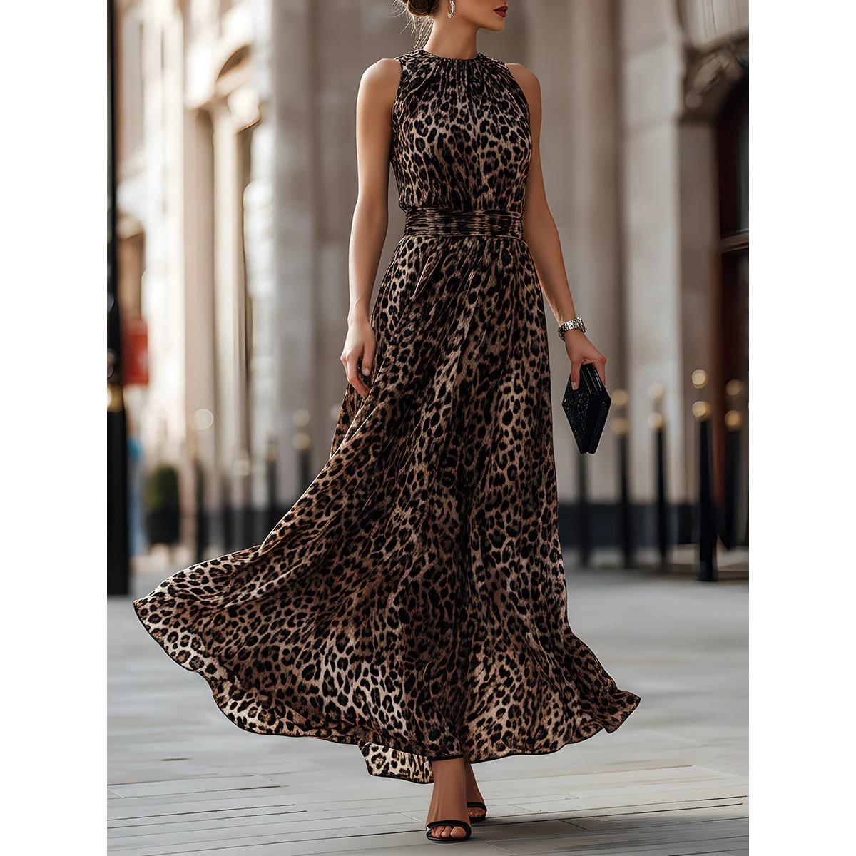 Women s Leopard Print Sleeveless Maxi Dress, High Neck Waist Cinch Flowy A-Line Long Dress, Casual Party & Vacation Wear, S-2XL S