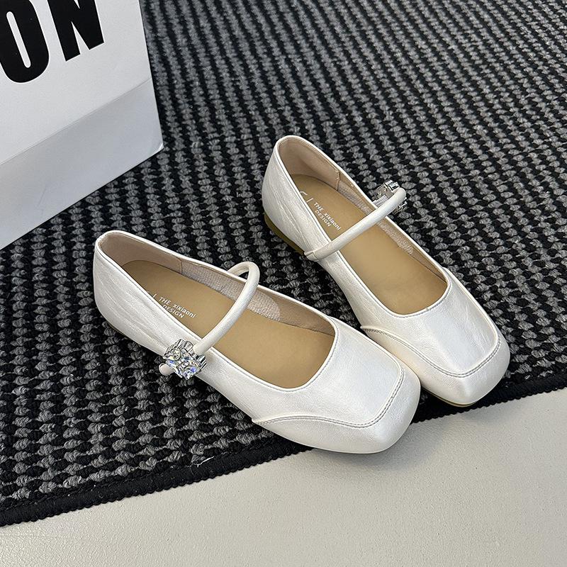Fashion French Square Head Women's Mary Jane Shoes Spring and Summer Retro One-button British Style Square Heel Flat Single Shoes Women