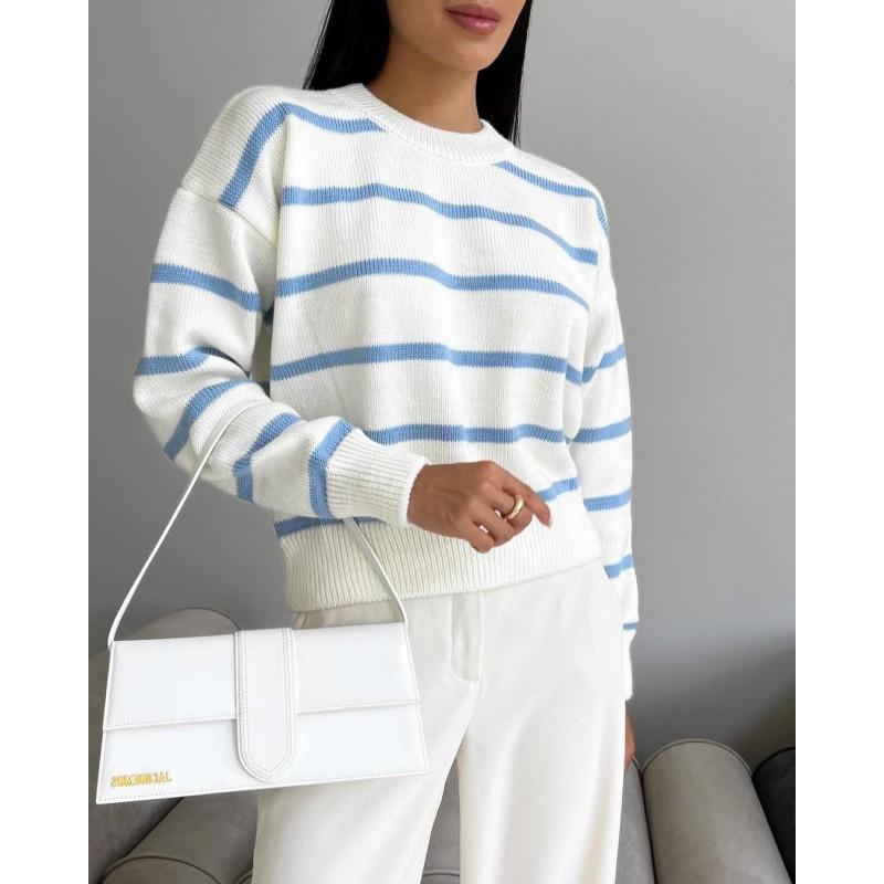 Womens Loose Fit Round Neck Long Sleeve Knit Sweater Striped Color Block Casual Pullover 2025